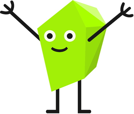 A green mascot that is happy to see you on his website.