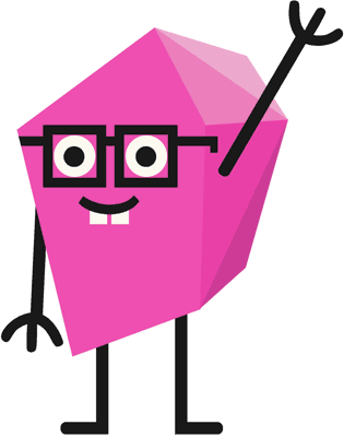 A pink mascot with glasses that is looking slightly nerdy.